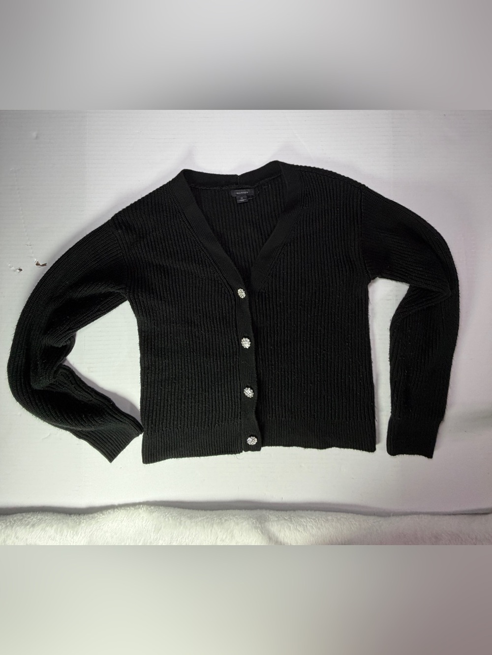 NWOT Halogen Black Ribbed V-Neck Cardigan with Sparkle Buttons